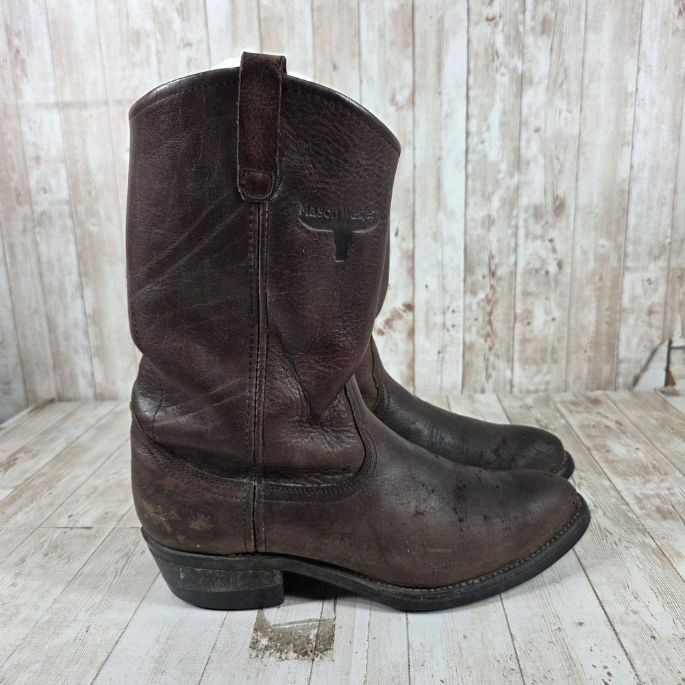 Mason Western Mens Brown Leather Roper Cowboy Boots Vibram Sole Size 10 D 5771